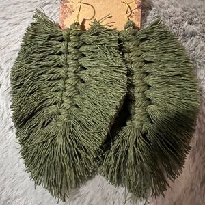 Macrame Forest Green Feather Leaf Earrings